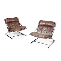 Paul Tuttle, Pair of Zeta Chairs, designed 1968, 1968, steel and brown leather