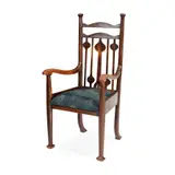 Walter Cave, ARTS & CRAFTS STAINED OAK ARMCHAIR, CIRCA 1900, 1900, the back with stylised plant-form spindles above moulded open arms and later-upholstered drop-in seat