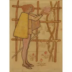 Arthur Gaskin, 'THE PRINCE AND THE ROSE BUSH' EMBROIDERED PANEL, CIRCA 1900, 1900, coloured silks and wools on a wool ground