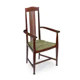 Leonard Wyburd, ARTS & CRAFTS MAHOGANY ARMCHAIR, CIRCA 1900, 1900, the tall slatted back with open arms and drop-in seat with later upholstery