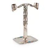 Archibald Knox, 'TUDRIC' PEWTER & ENAMEL CANDELABRUM, CIRCA 1905, 1905, the pierced base embellished with variegated blue enamelled leaves