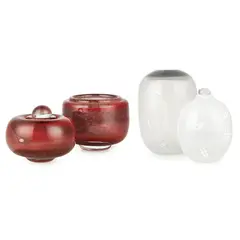 Richard Meitner, FOUR GLASS VESSELS, 1979, 1979, two of opaline glass with hieroglyphic designs