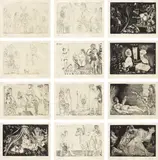 Pablo Picasso, Le cocu magnifique (The Magnificent Cuckold), 1968, The complete deluxe set of 24 total prints, including the set of 12 etchings (four with aquatint) on Richard de Bas hand-made paper, hors-texte with the accompanying text in French by Fernand Crommelynck, and the additional suite of 12 etchings (four with aquatint), on Rives BFK paper (with wider margins), the sheets loose (as issued), contained in two original oxblood leather-covered portfolios with printed titles