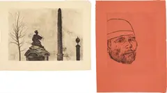 Ronald B. Kitaj, Place de la concorde; and Self portrait (After Matteo), 1982, Two soft-ground etchings, on cream handmade and red Richard de Bas hand-made laid paper respectively, with full margins