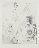 Pablo Picasso, Autoportrait transposé et dédoublé rêvant au cirque, avec Jacqueline en acrobate à la boule (Self-Portrait Transposed and Split Dreaming in the Circus, with Jacqueline as Acrobat on the Ball), plate 9, from 347 Series, 1968, Etching and drypoint, on Rives BFK paper, with full margins