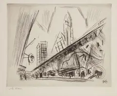 Downtown, the El by John Marin, 1921, Etching, on wove paper, with full margins, a fine, rich impression, with selectively wiped platetone, offered Apr 2017