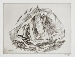 John Marin, Sailboat, 1932, Etching, on laid paper, with margins, a fine, richly inked impression, with burr in the heavily etched lines, and delicate overall plate tone