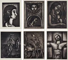 Georges Rouault, Miserere (Have Mercy), 1922-27, The complete set of 58 aquatints with drypoint and burnishing over heliogravure, on laid paper watermark Ambroise Vollard, with full margins, loose (as issued), hors-texte, with title, text and justification pages, contained in the original rust-colored linen and parchment-covered portfolio with title in gilt