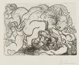 Pablo Picasso, Minotaure attaquant une amazone (Minotaure Attacking an Amazon), plate 87 from La suite Vollard, 1933, Etching, on Montval paper with watermark Picasso, with full margins (deckle on all sides)