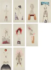 Wangechi Mutu, The Original Nine Daughters, 2012, The complete set of nine etchings with screenprint, collage, letterpress, carborundum crystals and hand-coloring, on wove paper, the full sheets