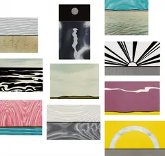 Roy Lichtenstein, Ten Landscapes, 1967, The complete set of 10 screenprints with photo-collage in colors, on various wove papers and materials, the full sheets, mounted to museum board (as issued), with the original blue cloth bound portfolio
