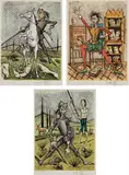 Bernard Buffet, Don Quixote recontre avec les muletiers (Don Quixote with the Mule Drivers); Don Quixote dans la bibliotheque II (Don Quixote in Library II); and Don Quixote et les moutons (Don Quixote and the Sheep), 1989, Three lithographs in colors, on Arches paper, with full margins