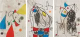 Joan Miró, Passage de l’Egyptienne (The Egyptian Woman Passes): three plates, 1985, Three etchings with aquatint in colors, on Japanese nacré paper, the full sheets