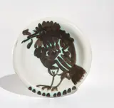 Bird with Worm (Oiseau au ver) by Pablo Picasso, 1952, White earthenware turned round ash-tray painted in white and black; ceramic, Madoura edition, sold Oct 2017