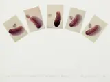 John Baldessari, Five Pickles (With Fingerprints in the Shape of a Hand), from Artists & Photographers, 1975, Five color photographs, mounted to one sheet of German etching paper (as issued), the full sheet