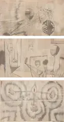 Christian Holstad, Disarray and Hot Air; Horde Days; and Humility with Three Staffs, 2003, Three drawings in graphite, on newspaper