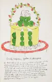 Andy Warhol, Dorothy Killgallens Gateau of Marzipan, from Wild Raspberries, 1959, Offset lithograph with hand-coloring in watercolor, on laid paper, the full sheet
