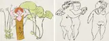 Andy Warhol, In the Bottom of My Garden: two plates, circa 1956, Two offset lithographs (one with hand-coloring), on wove paper, the full sheets