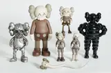 Kaws, Six Works: (Real) Companion; CHUM; Bendy; Companion (Five Years Later); PUSHEAD; and THE TWINS, 1999-2006, Seven figures, including five cast and painted soft vinyl multiples and two plastic, painted multiples, six contained in their original cardboard or Plexiglas boxes