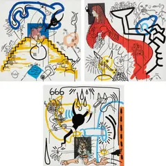 Apocalypse 3; 4; and 8 by Keith Haring, 1988, Three screenprints in colors, on wove paper, the full sheets, sold Oct 2017