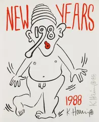 Untitled (New Years) by Keith Haring, 1988, Screenprint in black and red, on wove paper, the full sheet, sold Oct 2017