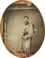 Unknown Photographer, Portrait of Francis E. Brownell, “Ellsworth’s Avenger,” and Portrait of an Unknown Woman, 1861, Salt print with ink highlights, flush-mounted to board, with a hand-painted salt print portrait of a woman on the reverse of the flush-mount