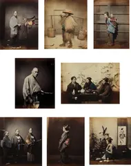 Felice Beato, Japan, 1863-1866, Album with 43 mounted albumen prints, some with hand-coloring, including two multi-panel panoramas. Each leaf titled in an unidentified hand in pencil. Oblong, red leather folio with gilt title and decoration