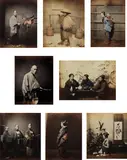 Felice Beato, Japan, 1863-1866, Album with 43 mounted albumen prints, some with hand-coloring, including two multi-panel panoramas. Each leaf titled in an unidentified hand in pencil. Oblong, red leather folio with gilt title and decoration
