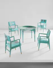 Gio Ponti and Piero Fornasetti, Unique "Madrepore" dining table and set of four armchairs, circa 1950, Lithographic transfer-printed wood, painted wood, brass, glass, silk