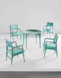 Unique "Madrepore" dining table and set of four armchairs by Gio Ponti and Piero Fornasetti, circa 1950, Lithographic transfer-printed wood, painted wood, brass, glass, silk, sold Jun 2017