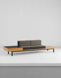Bench with drawer, from Cité Cansado, Cansado, Mauritania by Charlotte Perriand, 1958, Pine, oak-veneered wood, laminate-covered wood, painted wood, painted steel, fabric, sold Jun 2017