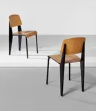 Two "Semi-metal" chairs, model no. 305 by Jean Prouvé, 1950-1969, Painted steel, oak-veneered plywood, rubber, sold Jun 2017