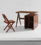Administrative desk, model no. PJ-BU-07-A, and library chair, model no. PJ-SI-51-A, designed for administrative buildings and Punjab University Library, Chandigarh by Pierre Jeanneret, circa 1960, Teak, East Indian rosewood, cane, sold Jun 2017