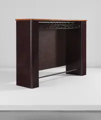 Coat rack, designed for Cité Technique, Cachan by Jean Prouvé, circa 1955, Painted steel, aluminum, oak, painted particle board, sold Jun 2017
