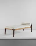 Collapsible single bed, model no. PJ-L-03-A, designed for the Punjab University student halls and other residences, Chandigarh by Pierre Jeanneret, 1955-1956, Teak, hide, webbing, sold Jun 2017