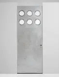 Door with portholes by Jean Prouvé, circa 1951, Aluminum, painted wood, steel, glass, offered Jun 2017