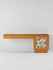 Wall-mounted "Trèfle" dressing table by Jean Royere, circa 1950, Ash-veneered wood, fabric, mirrored glass, brass, offered Jun 2017