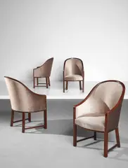 Pierre Chareau, Set of four "Gondole" armchairs, model no. MF 11, circa 1922, Stained beech, fabric
