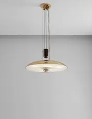 Adjustable ceiling light, model no. 1003 by Paavo Tynell, 1950s, Brass, painted brass, silk, steel wire, sold Jun 2017