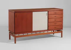 Ilmari Tapiovaara, Rare sideboard, circa 1966, Teak, brass, patinated brass, fabric