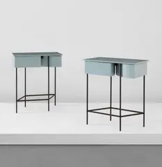 Steven Holl, Pair of bedside tables, from Museum Tower, New York, 1986-1987, Patinated steel, painted wood