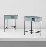 Steven Holl, Pair of bedside tables, from Museum Tower, New York, 1986-1987, Patinated steel, painted wood