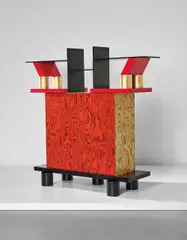 "Freemont" sideboard by Ettore Sottsass, circa 1985, Stained wood, stained veneered wood, painted wood, laminate-covered wood, gilded wood, sold Jun 2017
