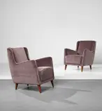 Gio Ponti, Pair of armchairs, designed for the "Conte Grande" transatlantic ocean liner, circa 1949, Stained walnut, fabric