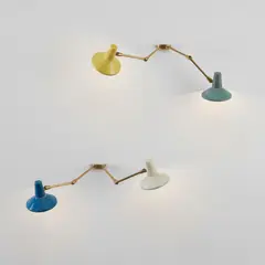 Oluce, Pair of wall lights, circa 1948, Brass, painted aluminum