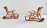 Guglielmo Pecorini, Pair of lounge chairs, circa 1943, Ash, fabric, cotton webbing, rubber