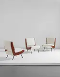 Gianfranco Frattini, Set of three lounge chairs, circa 1955, Walnut, painted steel, fabric, brass