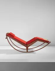 Rocking chaise, model no. PS16 by Franco Albini, circa 1956, Walnut, fabric, cord, leather, sold Jun 2017