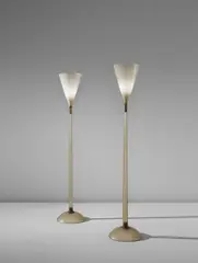 Carlo Scarpa, Pair of floor lamps, model no. 518, circa 1942, Corroso glass, incamiciato glass, brass