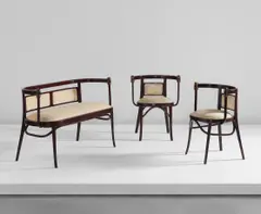 Max Fabiani, Settee and pair of armchairs, model no. 150, circa 1922, Stained beech, brass, fabric